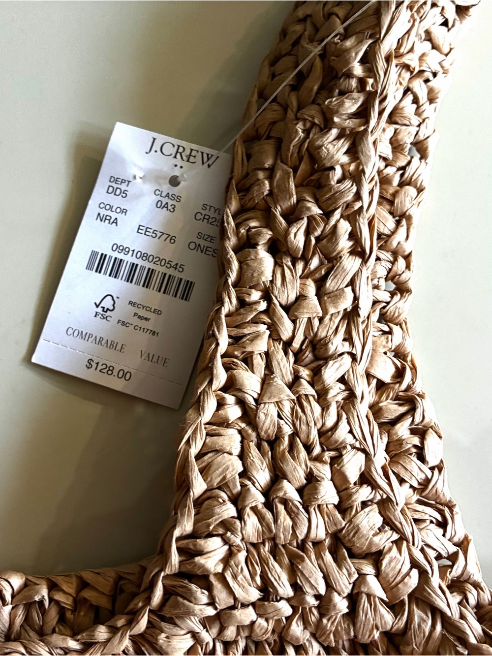 J. Crew Factory Packable straw tote bag Natural Straw Tote with Tan Patch.NWT. - Picture 8 of 16